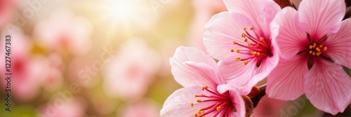 Close-up of cherry blossoms in sunlight, soft pink spring flowers
