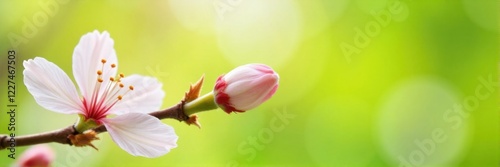  Cherry blossom branch with a budding flower against green background