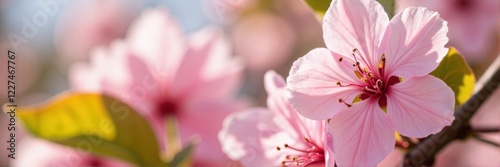 Close-up of cherry blossoms in full bloom with soft sunlight