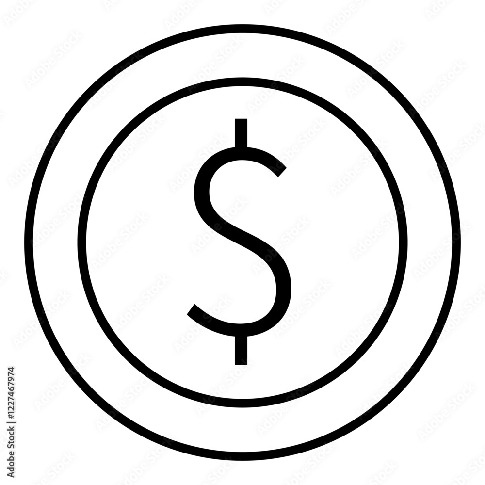 Black outline of a dollar sign inside a double-circled coin. Ideal for financial, economic, budgetary, currency, investment, banking, and monetary themes. Landing page Black outline of a dollar sign inside a double-circled coin. Ideal for financial, economic, budgetary, currency, investment, banking, and monetary themes. Landing page