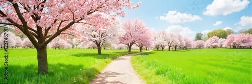 Scenic pathway lined with blooming cherry blossom trees in spring