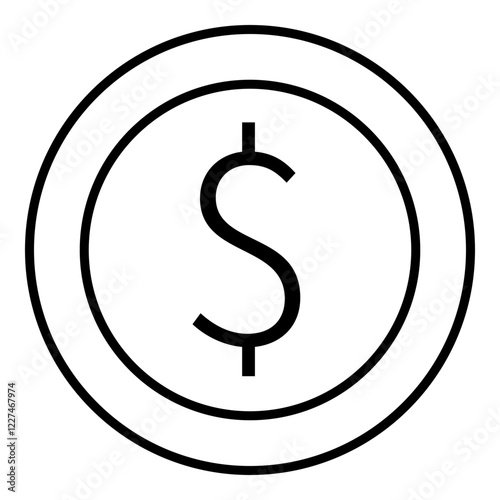 Black outline of a dollar sign inside a double-circled coin. Ideal for financial, economic, budgetary, currency, investment, banking, and monetary themes. Landing page