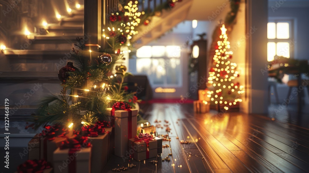 Fototapeta premium Festively decorated living room with Christmas tree, lights, and gifts, creating a warm atmosphere
