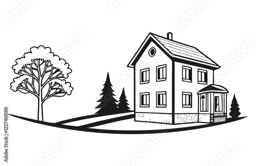 black and white countryside rustic cabin landscape illustration, simple line art