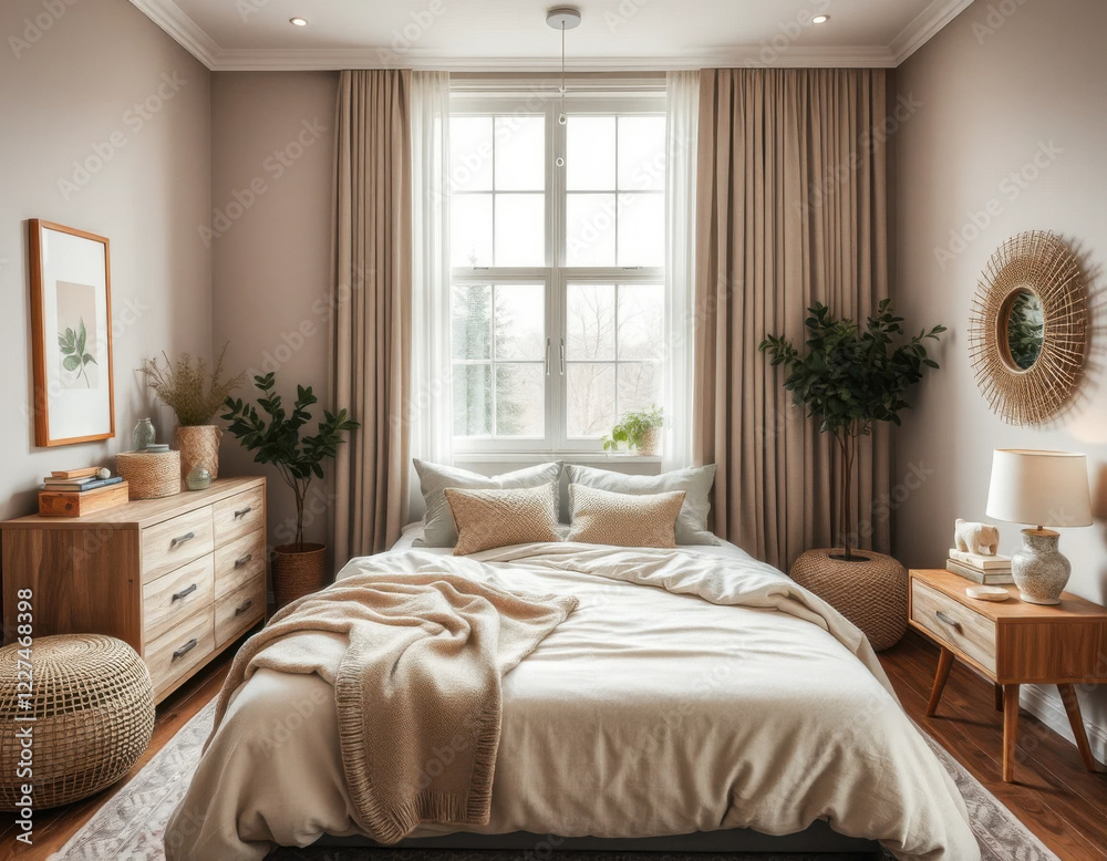 Fototapeta premium Un dormitorio acogedor decorado en tonos neutros 