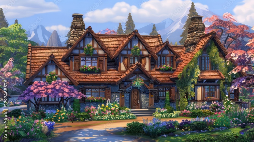 Naklejka premium Charming cottage surrounded by vibrant flowers and mountains, showcasing idyllic nature