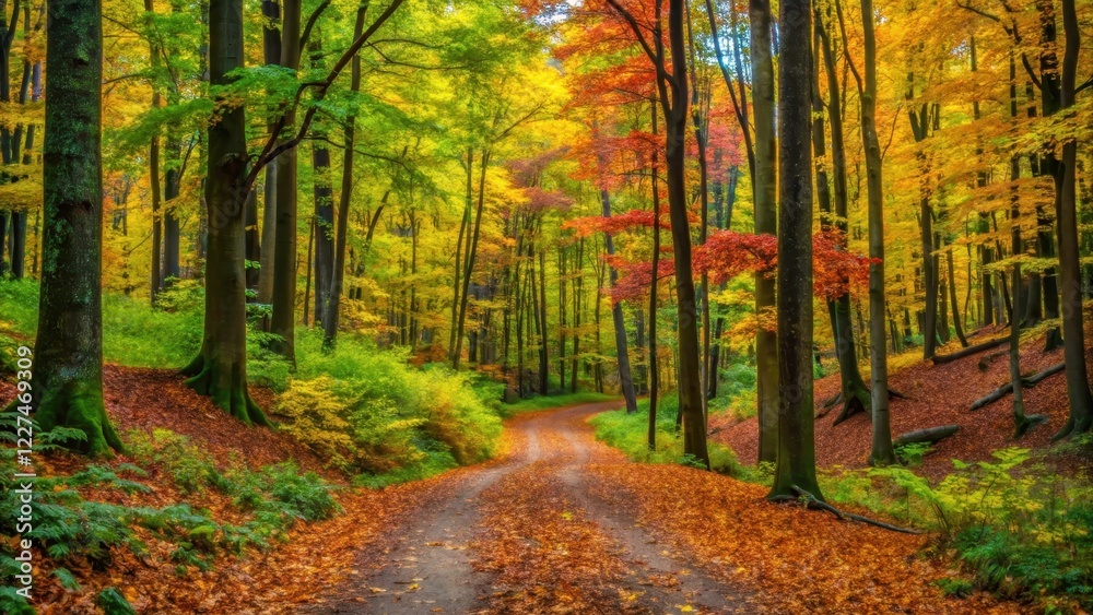 Obraz premium A serpentine trail meanders through a lush verdant forest with towering trees and vibrant foliage, surrounded by dense undergrowth and fallen leaves , undergrowth, autumn leaves