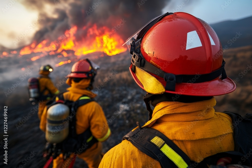 Fototapeta premium A team of firefighters working together to control a blaze, highlighting a critical moment of teamwork and urgency