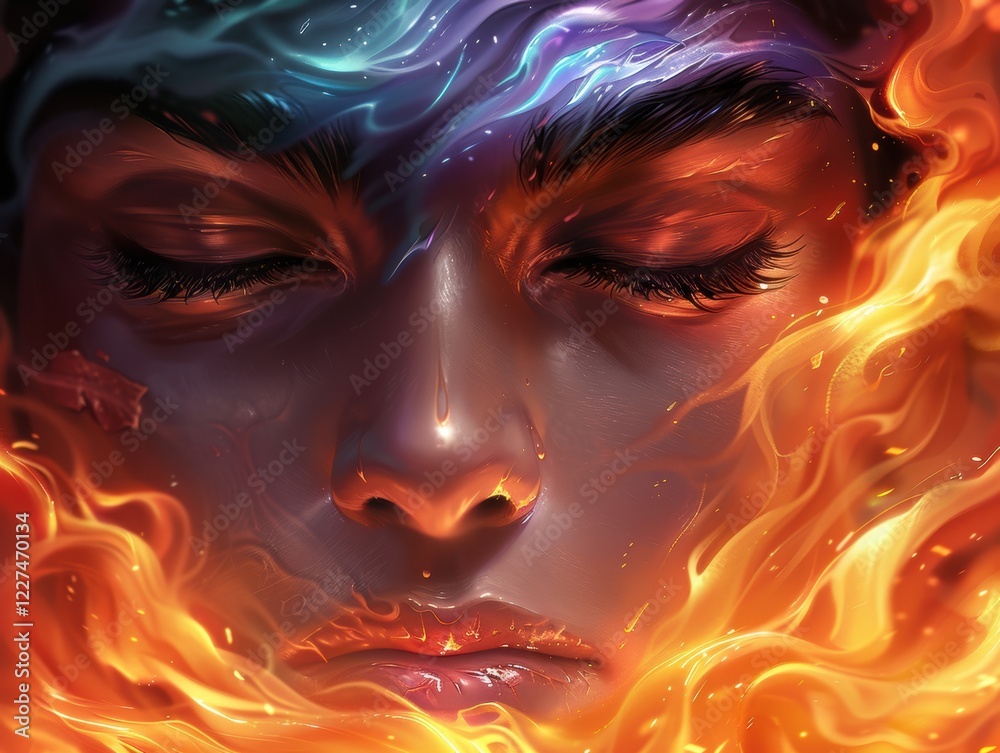 A mesmerizing close-up of a serene face surrounded by vibrant flames and flowing water-like patterns in blue and orange hues, symbolizing the harmony of elements, generative AI. A mesmerizing close-up of a serene face surrounded by vibrant flames and flowing water-like patterns in blue and orange hues, symbolizing the harmony of elements, generative AI.