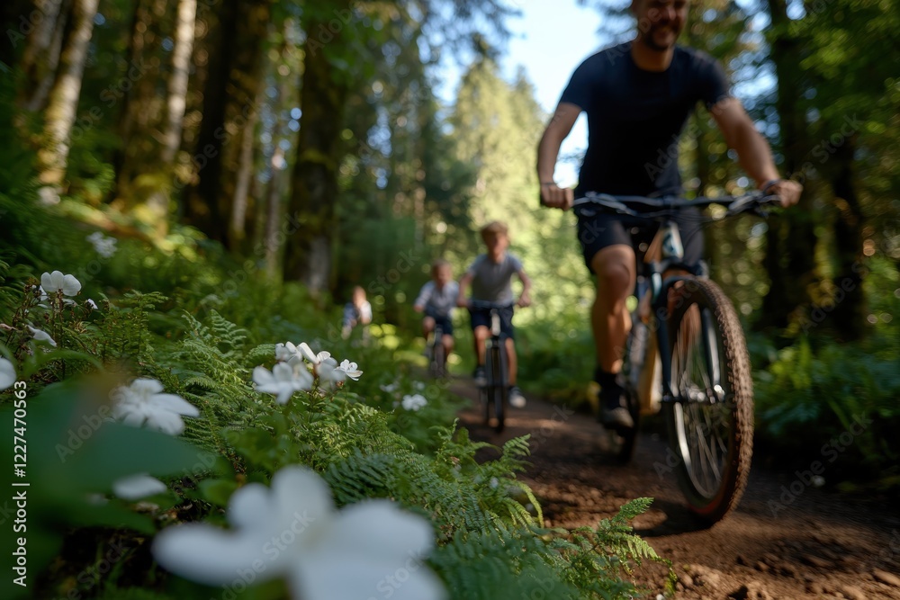 A family joyfully rides their bikes on a sun-drenched forest trail, surrounded by lush greenery and wildflowers, showcasing a healthy and active lifestyle. A family joyfully rides their bikes on a sun-drenched forest trail, surrounded by lush greenery and wildflowers, showcasing a healthy and active lifestyle.