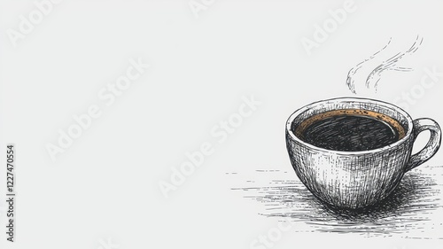 A coffee cup steaming softly, hand-drawn with thin lines, white background, minimal details, ink sketch style. , closes up