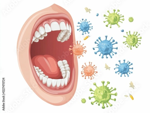 Detailed depicting bacteria attacking the tooth enamel inside the mouth  showcasing a dental health focus in a flat design style