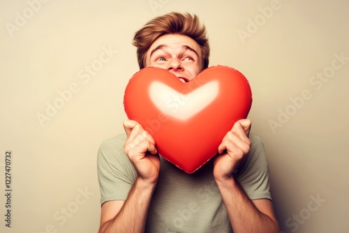 Sign of love and affection. Commercial marketing conceptual art. Youth valentine's day greeting card: young man with cheerful face holds red heart in hands. Romantic couple portrait session. photo