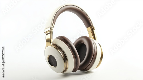 A close-up of high-end designer over-ear headphones in cream and brushed dark gold. The sleek and modern design contrasts against a clean white background, perfect for product photography. photo