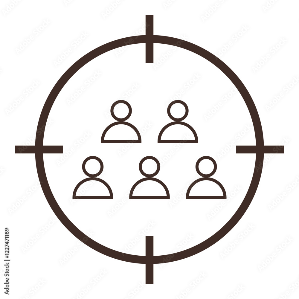 Group of five abstract person icons within crosshair. Perfect for marketing, customer focus, targeting, strategy, demographics, analytics. Clean vector with flat color icon Group of five abstract person icons within crosshair. Perfect for marketing, customer focus, targeting, strategy, demographics, analytics. Clean vector with flat color icon