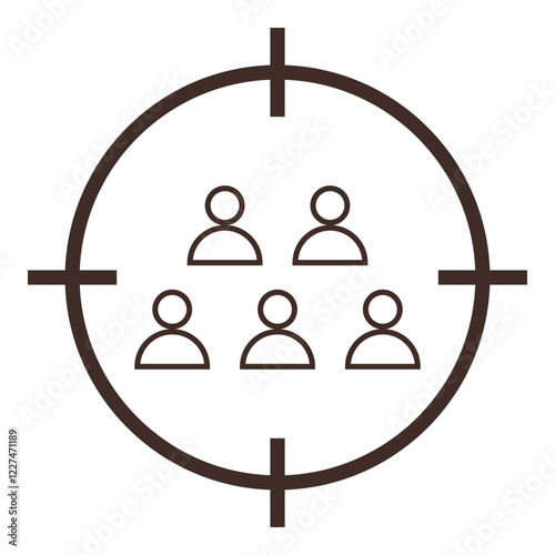 Group of five abstract person icons within crosshair. Perfect for marketing, customer focus, targeting, strategy, demographics, analytics. Clean vector with flat color icon