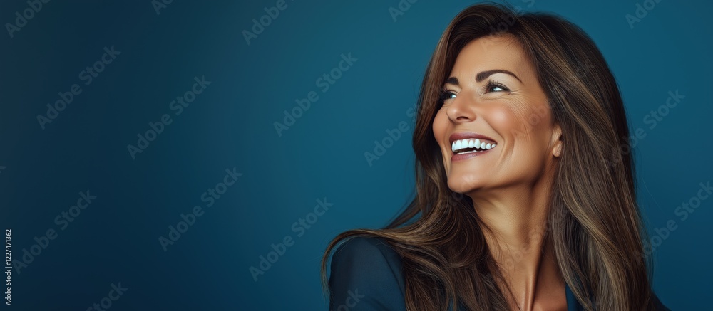 Fototapeta premium A businesswoman laughs against a blue background