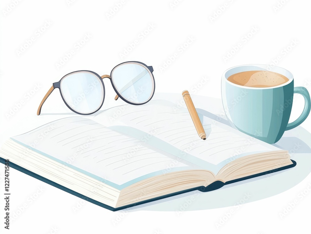 Cozy and organized workspace setup with an open book eyeglasses and a cup of coffee on a wooden table depicted in a flat design style This image conveys a sense of productivity relaxation Cozy and organized workspace setup with an open book eyeglasses and a cup of coffee on a wooden table depicted in a flat design style This image conveys a sense of productivity relaxation