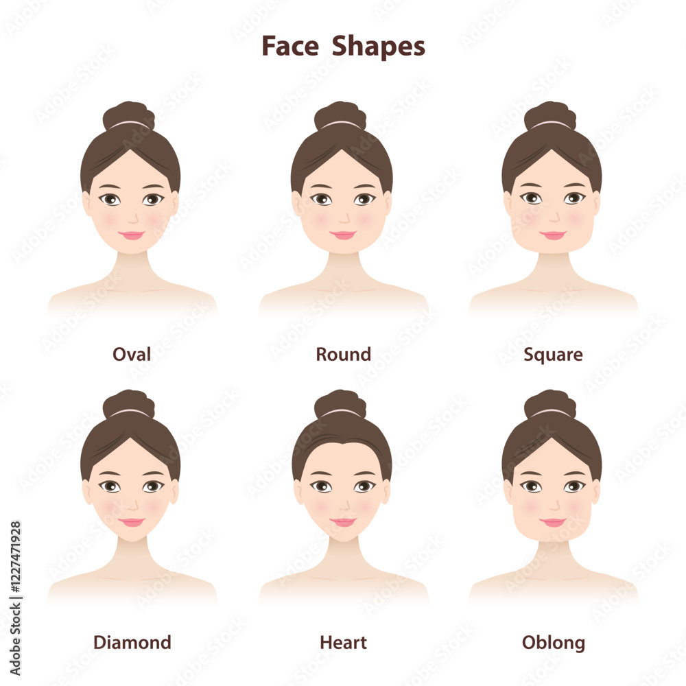Diagram of basic face shapes vector illustration isolated on white background. The six most common face shape are oval, round, square, diamond, heart and oblong. Physical characteristic. Physiognomy. Diagram of basic face shapes vector illustration isolated on white background. The six most common face shape are oval, round, square, diamond, heart and oblong. Physical characteristic. Physiognomy.
