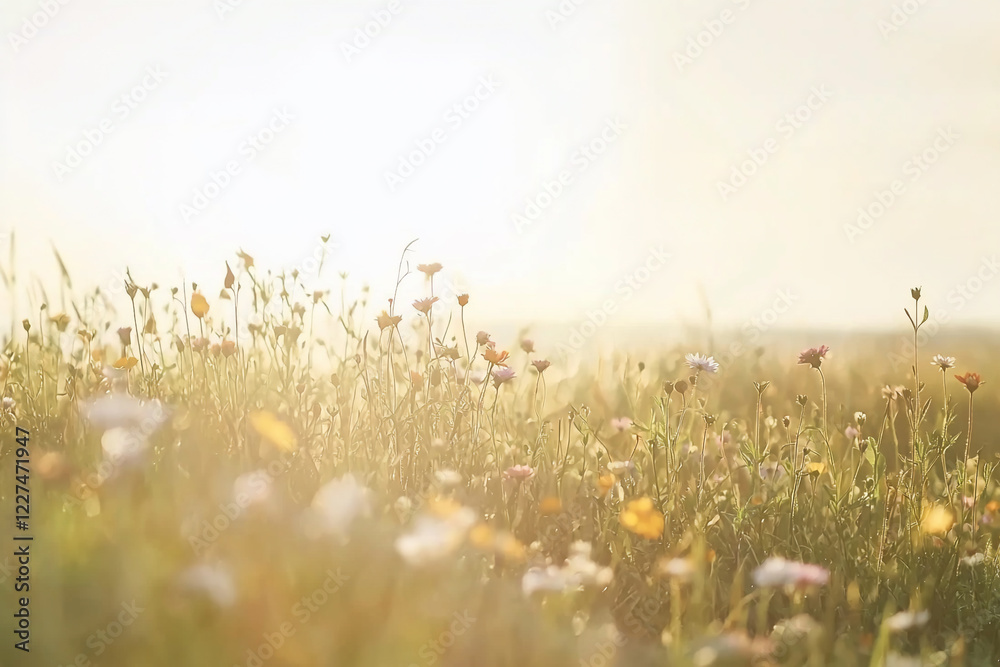 Fototapeta premium Serene meadow filled with colorful wildflowers under a bright sun with a soft, dreamy background