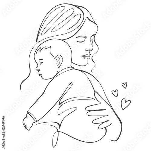 Mother and baby line art style vector illustration	