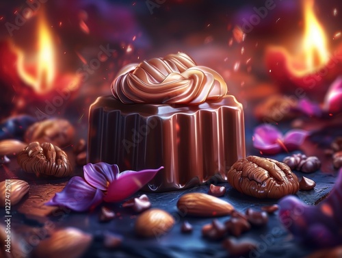 Wallpaper Mural A delectable close-up of a rich chocolate bar topped with roasted nuts and caramelized bits, set against a backdrop of flowing molten chocolate and warm glowing light, generative AI. Torontodigital.ca
