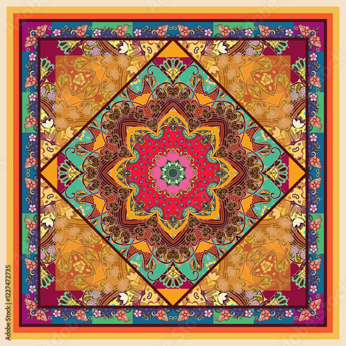 Graceful silk scarf with floral mandala on ornamental background. Tapestry, carpet, pillowcase with oriental motifs. Fantasy pattern.