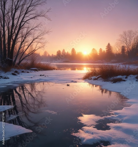 Snowflakes gently falling on a frozen pond during sunset  winter wonderland  frozen pond  sunset