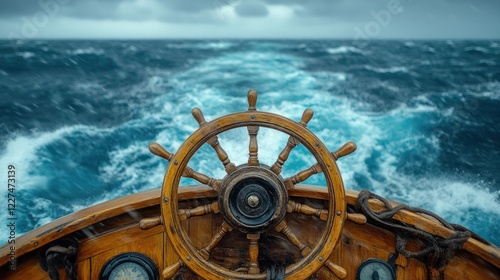 Ship's wheel on stormy sea.