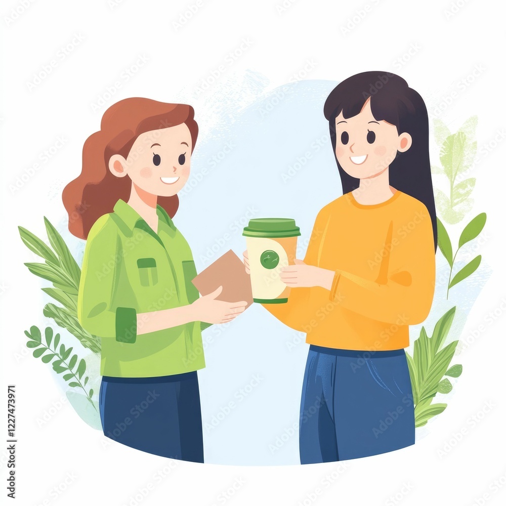 Friendly and helpful barista in uniform accepting a drink order from a smiling customer in a cozy cafe setting depicted in a flat design style Friendly and helpful barista in uniform accepting a drink order from a smiling customer in a cozy cafe setting depicted in a flat design style