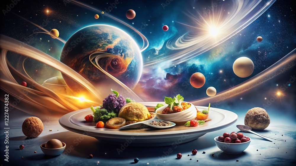 Obraz premium Abstract Cosmic Food Photography: Futuristic Tech Background for Business Presentations