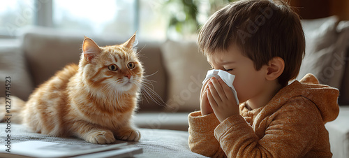 boy sneezing into handkerchief due to cat allergy. feline dander reaction, fel d 1 protein, pet allergies, immune response, cat saliva sensitivity, igE. Respiratory allergies