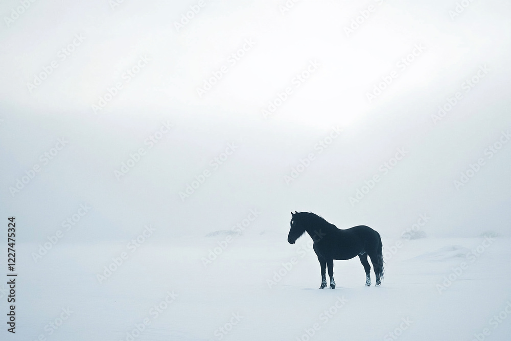 A solitary black horse standing in a vast, snowy landscape under a foggy sky, evoking tranquility A solitary black horse standing in a vast, snowy landscape under a foggy sky, evoking tranquility