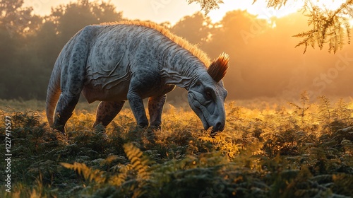 Altirhinus grazing low vegetation sunlit prehistoric meadow distinct nasal crest catching warm afternoon light with scattered ferns framing the scene captured with a telephoto lens for serene focus photo