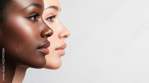 Side profile of two women, one with dark skin and one with light skin, symbolizing diversity, beauty, and unity.