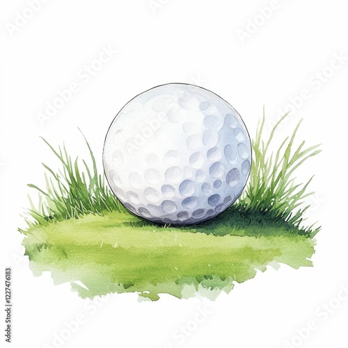 Watercolor depiction of a golf ball placed on a tee near the hole on a tranquil golf course showcasing the peaceful natural environment of the sport