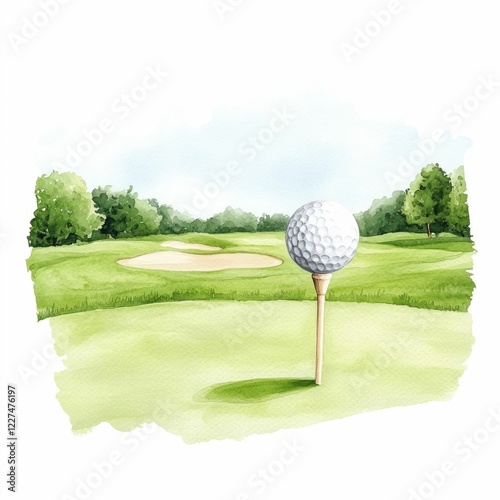 Watercolor landscape painting depicting a golf ball placed on a tee near the hole on a tranquil and peaceful golf course surrounded by lush green grass trees and a scenic sky