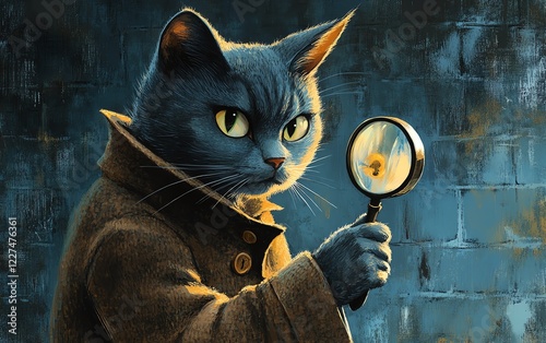 Detailed illustration of a detective cat with magnifying glass, analyzing a clue, dramatic shadows, textured fur, whimsical mystery scene, high resolution, 8K photo