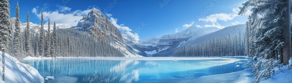 Fototapeta premium A stunning winter landscape featuring a frozen lake surrounded by majestic mountains.
