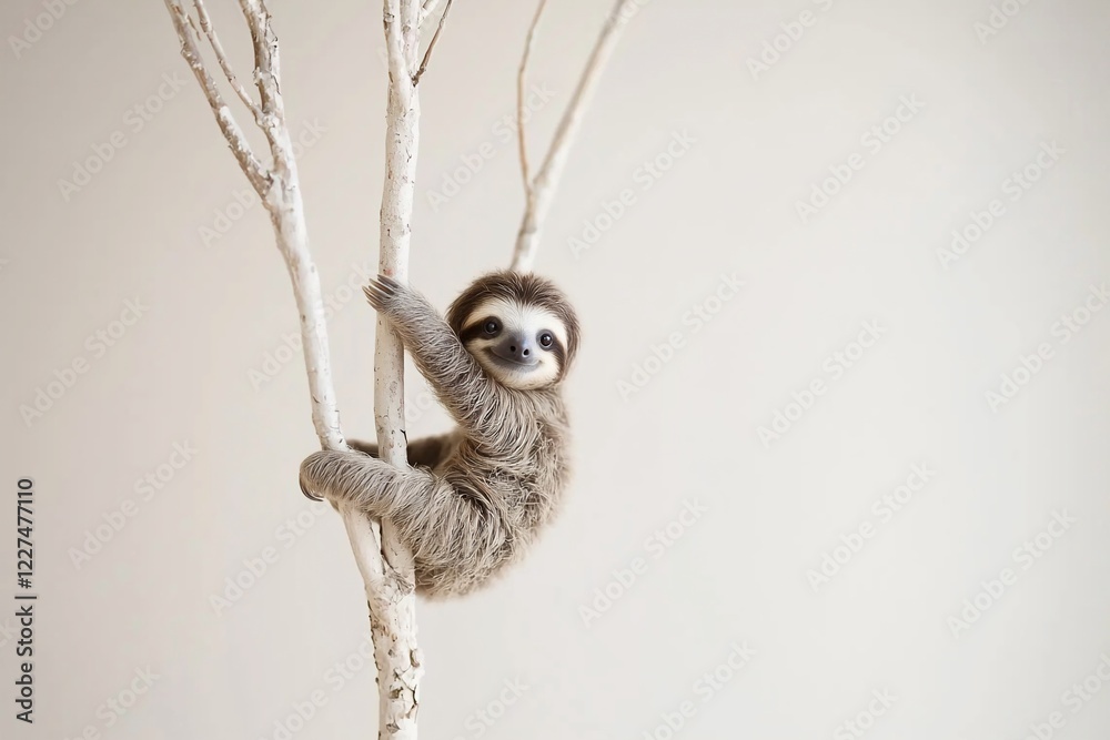 Adorable baby sloth clinging to a white tree branch, set against a soft, neutral background Adorable baby sloth clinging to a white tree branch, set against a soft, neutral background