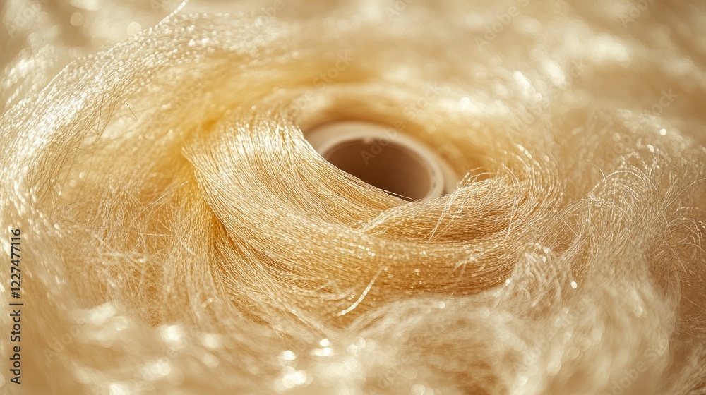 Obraz premium A close-up shot of a spool of golden thread unwinding, forming a chaotic tangle of shimmering strands on a neutral surface, evoking both beauty and disorder
