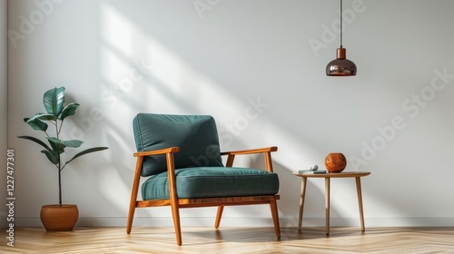 Modern living room featuring a green armchair, wooden table, and potted plant with natural light