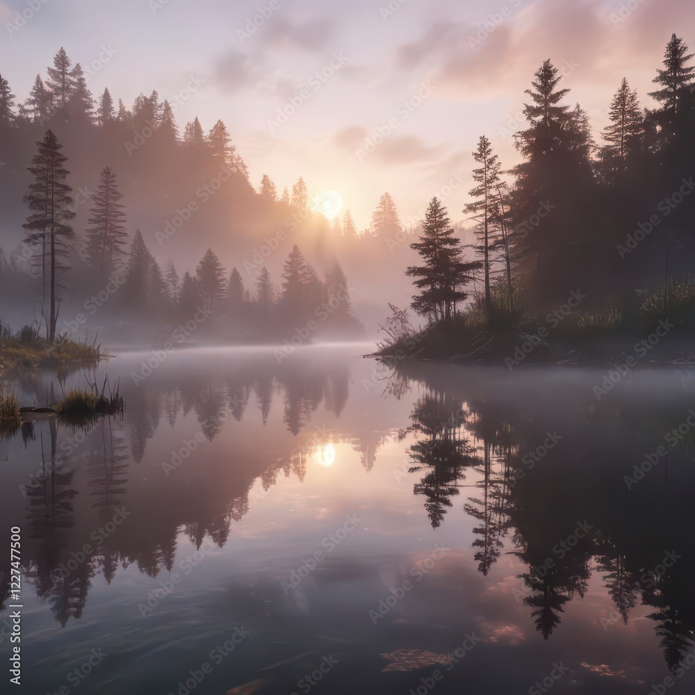 ethereal mist rises above a serene lake at dawn, morning, calm, atmosphere ethereal mist rises above a serene lake at dawn, morning, calm, atmosphere