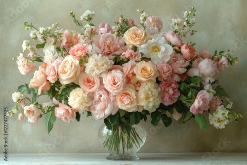 Floral wall decor with pastel pink and white roses photo