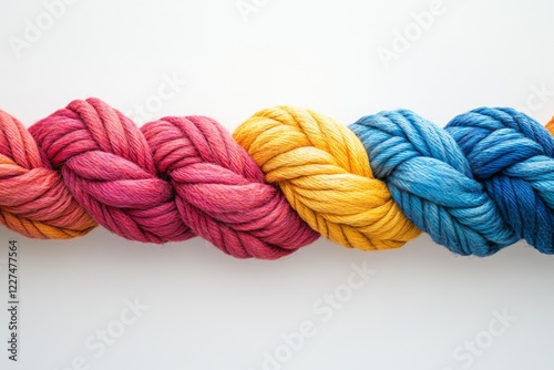 Colorful yarn skeins in pink yellow and blue shades photo