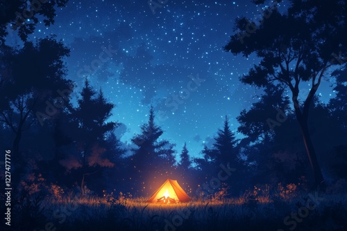 Campfire under starry sky in a dark forest photo