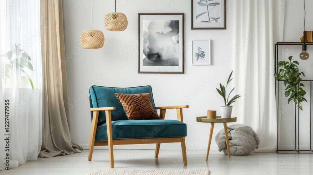 Fototapeta premium Cozy modern living room featuring a teal chair, decorative pillows, and indoor plants