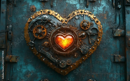 Intricate steampunk mechanical heart, elaborate clockwork design, glowing gears, metallic textures, vintage machinery, vibrant steampunk colors, 8K resolution