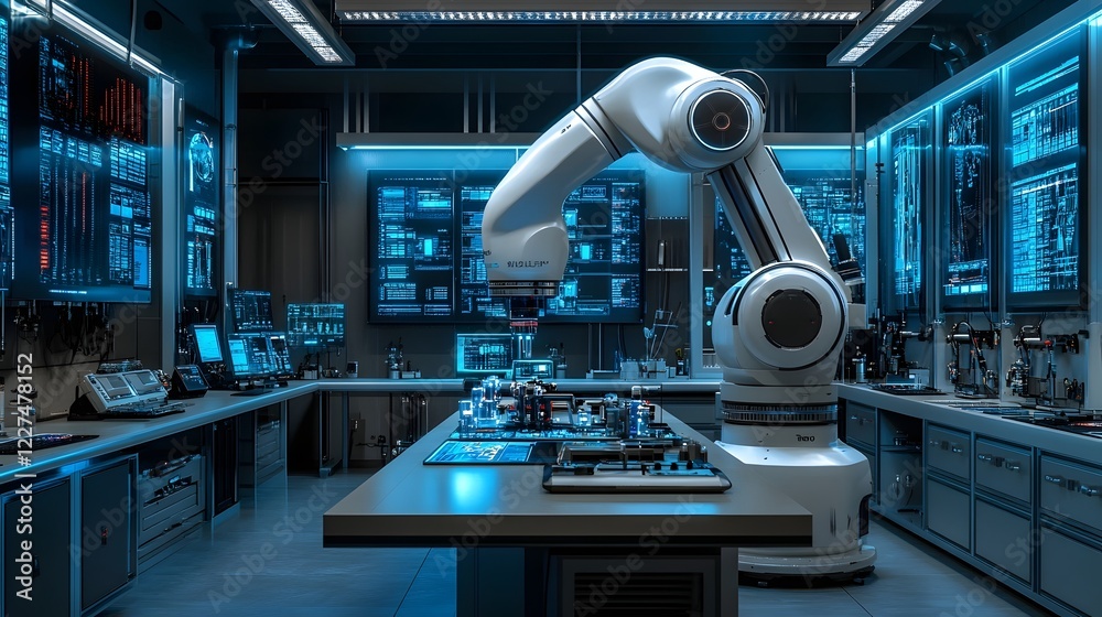 Fototapeta premium Cutting Edge Robotics Lab Holographic Interfaces and Automation Workflows in a Bright Modern Setting
