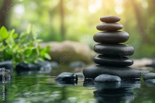 Spa stones with bamboo and green leaf on blurred background photo